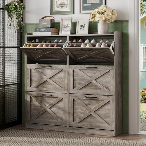 Maupvit Large Shoe Storage Cabinet with 6 Flip Drawers, Freestanding Shoe Organizer with Metal Handles for Entryway, Narrow Shoe Rack Cabinet, Light Rustic Oak - color: Light Rustic Oak, style: 6-Drawers