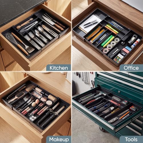 Extra Large Silverware Organizer, 9 Slot Expandable Kitchen Drawer Organizer, Utensil Holder, Heavy Duty Stainless Steel Frame Silverware Drawer Organizer, 8 Non-Slip Feet Included, BPA Free, Black - color: Black