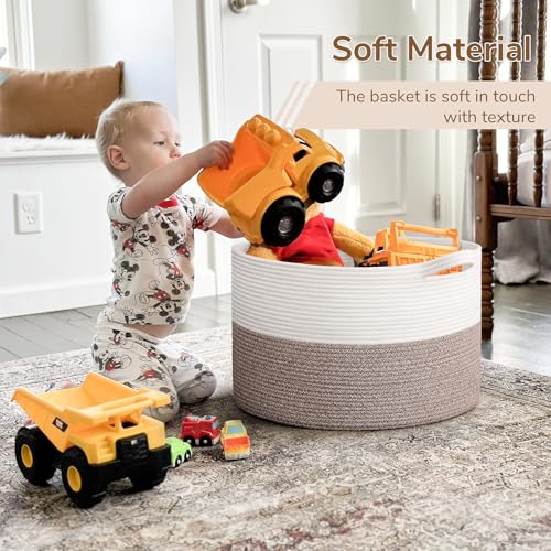 INDRESSME Large Blanket Basket, Laundry Toy Storage Baskets, Decorative Woven Basket for Living Room & Nursery, Baskets for Gifts Empty, Laundry, Dog Toys, Towels, White & Brown, 19.7" D x 12.6" H - color: White & Brown, size: 19.7"D x 12.6"H