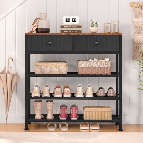 usikey Shoe Rack, 4 Tier Shoe Storage Organizer with 2 Drawers, Metal Shoe Shelf for 9-12 Pairs of Shoes, with 3 Oxford Fabric Shelves and Wooden Top, Shoe Stand for Closet Entryway, Black UNYXJX012H - color: 4 Tier ( 28.3 X 11 X 29.5 Inches)-black
