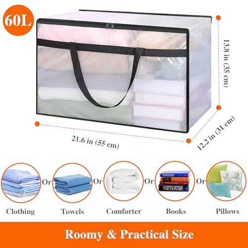 Vieshful 5 Pack 60L Clear Storage Bags with Zipper and Handles, Tear-Resistant Foldable Plastic Storage and Organizers for Clothes, Bedding, Duvets, Toys, for Closet & Moving