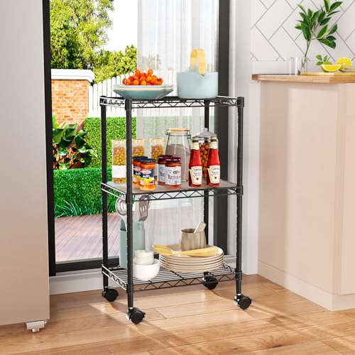 Golpart Small 3 Tier Shelves Storage Wire Shelving Unit Metal Shelf Adjustable Organizers Storage Shelving with Wheels for Bathroom Laundry Room Kitchen Pantry12”D x 18”W x 30.7”H Black - color: Black, size: 3 shelves (12 "D X 18 "W X 30.7 "H)