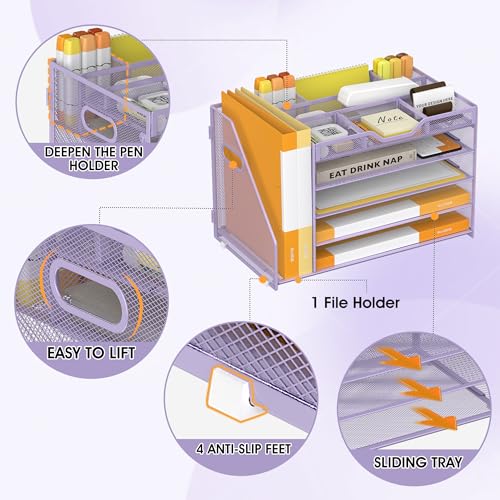 5 Tier Paper Letter Tray with File Holder and 3 Drop-in Pen Holders, Mesh Desk File Organizer with Handle, Desk Organizers and Accessories for School,Home, Office Supplies Storage-Purple - color: 5 Tier with File Holder-Purple, size: 15.4" x 9.1" x 10.3"