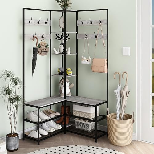 GiftGo Corner Hall Tree with Shoe Rack Storage Bench Display Open Shelves Modern Industrial Entryway Coat Rack Stand for Home Living Room Mudroom Bedroom Multifuncitonal 5 in 1 (Greige) - color: Greige