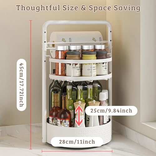 Rotating Spice Rack with Paper Towel Holder, 2 Tier Turntable Lazy Susan, Seasoning Organizer for Kitchen Countertop Cabinet, White - color: White