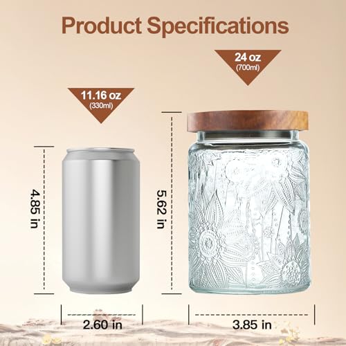 24 OZ Vintage Glass Jar with Lid, Airtight Food Storage Canisters with Bamboo for Kitchen Counter Pantry, Ideal for Coffee, Candy, Tea, Oats, Sugar, Cookies Decorative Jars-Sunflower - color: 24oz-Sunflower