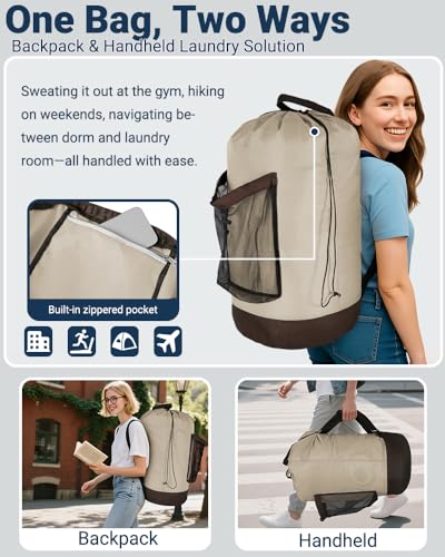 Laundry Bag with Shoulder Straps and Mesh Pocket Laundry Backpack Large Portable Laundry Hamper for College Laundromat Apartment - color: Khaki & Brown