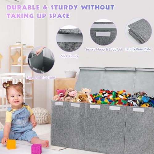 Extra Large Toy Storage Organizer with Lid, Large Toy Box Collapsible Toy Chest Storage Box Design - Toys Bin with Dividers for Kids, Nursery, Bedroom, Playroom-40 x16 x14'' - color: Grey