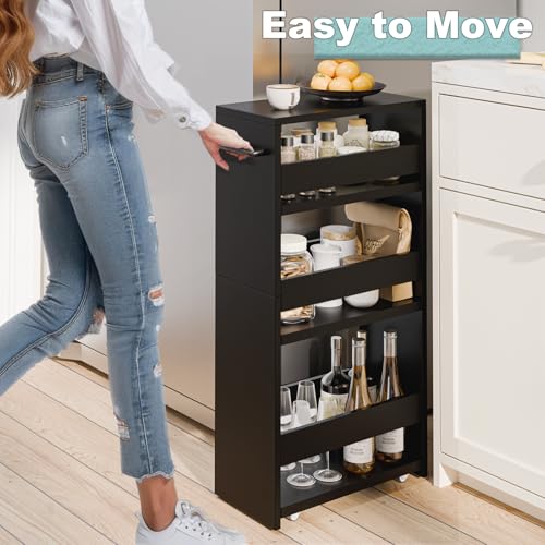 MARTY Rolling Storage Cart 7.9" W, 4-Tier Kitchen Cart with Wheels Handle, Slim Storage Cart Mobile Shelving Utility Carts for Bathroom Laundry Room Organization Narrow Places (All Black) - color: All Black, size: 7.9"D x 15.75"W x 31.5"H