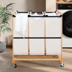 STO STO 3-Section Laundry Sorter with Bamboo Frame, Rolling Laundry Hamper Basket with Removable Bags and Lockable Wheels, Laundry Cart for Clothes Storage in Bedroom & Laundry Room, Beige - size: 3-Section