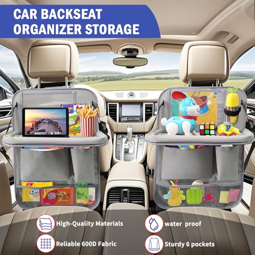 Car Backseat Organizer with Tablet Holder,6 Storage Pockets Car Storage Organizer with Foldable Food Tray,Kick Mats Backseat Protector Travel Accessories (Grey) - color: Grey, size: 1 Pack with Food Tray