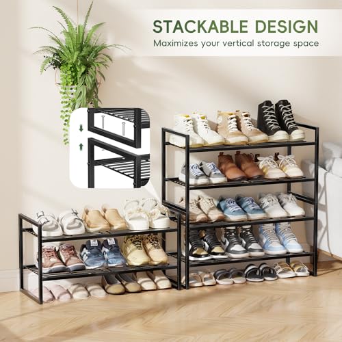 2 Tier Shoe Rack, 27 Inch Wide Stackable Shoe Shelf Organizer for Closet,Sturdy Frame Metal, Adjustable, Black - size: 2 Tier
