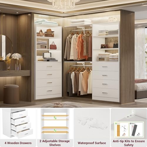 Aheaplus Closet Drawers Organizer System, 21.3" Wood Closet System with 4 Drawers, Modular Walk-in Closets Storage Unit, Tall Bookshelf Storage Cabinet, White22 - color: White