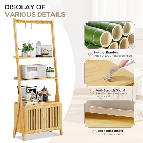 Bookcase with Drawers, 4-Tier Bamboo Bookshelf Ladder Shelf with 6 Hooks, Tall Narrow Book Shelf, 24.8"L x 10.6"W x 59.5"H, Standing Storage Organizer for Living Room, Home Office, Bedroom, Bathroom - color: 4-tier Natural
