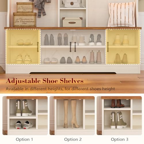 CSZZD Hall Tree with Bench and Shoe Storage, Farmhouse Entryway Bench with Coat Racks and Led Lights, Large Hall Tree with 12 Coat Hooks, 8 Storage Cubbies, Adjustable Shelf