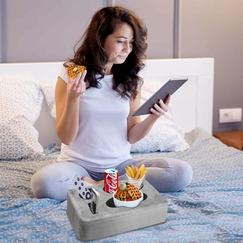 Couch Bed Cup Holder Pillow, Nisdoing 5 Hole Couch Drink Holder! Keep Drinks Hand Side and KeepTemp, Prevent Spills and Use Anywhere. Cup Holder for Couch, Bed,Camping,RV,Car,Beach. Gray - color: Gray