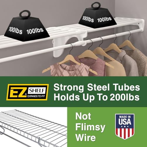 EZ SHELF - Hanging Shelf - Closet Rod - Expands 63.3-118” - White, Closet Shelves - Strong, Holds 200 lbs - DIY, Easy Install - to 2 Side Walls - Alternative to Wire Shelving - color: White, size: 64 in-118 in