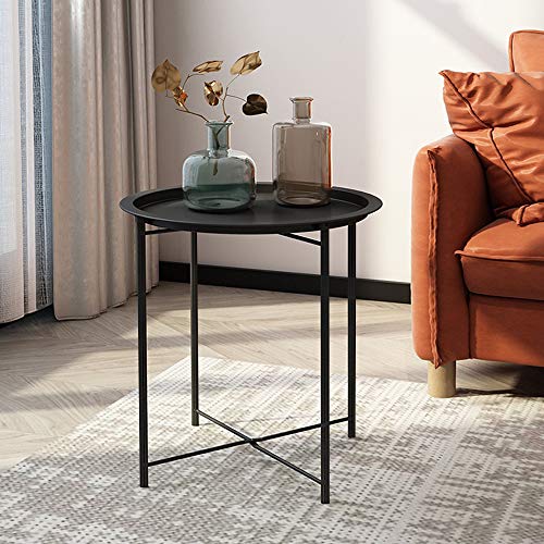 VECELO Side/End Table, Folding Round Metal Anti-Rust and Waterproof Outdoor or Indoor Tray for Living Room Bedroom Balcony and Office, 1 PCS, Black - color: Black, size: 1 PCS