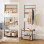 Coat Rack Hall Tree with Shoe Storage, Entryway Hall Tree Storage Bench, Wood Look Accent Furniture with Metal Frame, 3-in-1 Design, Rustic Brown - color: Brown