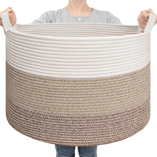 Goodpick Large Laundry Basket, Woven Rope Storage Basket for Blanket, Toy Bin for Baby Room, Nursery, Bedroom, Toys, 21.7'' x 13.8'', Light & Brown - color: White & Light Brown, size: 21.7x21.7x13.8 Inch (Pack of 1)