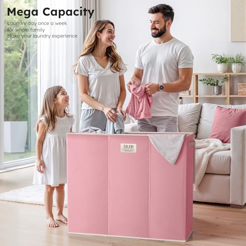 SOLEDI 180L 3-Section Laundry Hamper with Lid, Extra Large Dirty Clothes Basket with Sturdy Handles for Laundry Room & Bedroom - Durable Organizer for Sorting Laundry - color: Strawberry Milkshake Pink, size: 180L