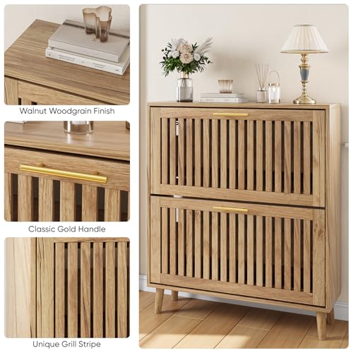 Smart FENDEE Shoe Storage Cabinet with 2 Flip Slatted Drawers, Narrow Freestanding Shoe Cabinet with Gold Handle, Hidden Entryway Shoe Organizer for Hallway, Foyer, Natural Oak - color: Natural Oak, size: 31.5" W