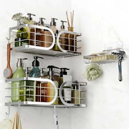 Shower Caddy 3 Pack Adhesive 304 Stainless Steel Shelves No Drill Durable Large Capacity Shower Rack Organizer Soap Holder Quick Dry Rustproof Bathroom Storage(Silver) - color: Silver, size: 3 Pack
