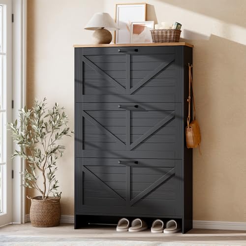 Nicetree Barn Door Shoe Cabinet for Entryway - Modern Farmhouse Shoe Storage Cabinet with 3 Flip Drawers - Slim Hidden Shoe Organizer, 3-Position Adjustable Divider, Fits Size 13, Brushed Black - color: Brushed Black Color, style: 3 Flip Drawer - Modern B