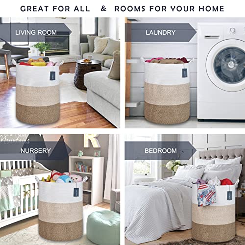 COMSE Extra Large Blanket Basket, Tall Woven Storage Basket, Nursery Hamper, 15.7”x 21.7”, Cotton Rope Laundry Hamper for Toys Clothes Towels, White/Gradient Brown - color: White & Gradient Brown