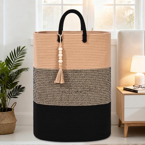 Woven Laundry Basket for Clothes, 100 L Large Rectangle Laundry Hampers, Nursery Storage Basket for Toys, Tall Dirty Clothes Hamper for Bedroom Aesthetic, Bathroom, Laundry Room - color: Brown&Black, size: 100L