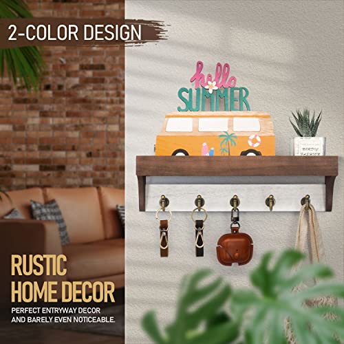 Rebee Vision Key Holder for Wall with Shelf - Farmhouse 2-Color Key Rack with 5 Retro Keys Hooks and Primitive Wood Mail Organizer Wall Mount - Decorative Rustic Home Decor (Brown & White) - color: Brown&White