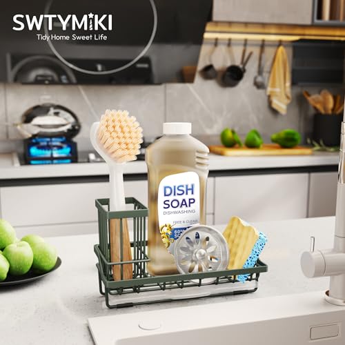 SWTYMIKI Sink Caddy Sponge Holder - Kitchen Sink Organizer with High Brush Holder for Countertop to Hold Dish Soaps and Sponges, Stainless Steel, Green - color: Green, size: Medium