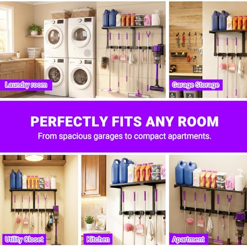 Heavy Duty Broom Holder Wall Mount with Cleaning Supplies Organizer, Space-Saving Laundry Room Organization and Storage Shelves, All-Metal Mop Hanger Broom Rack with Hooks, Garage Organizer Shelf - size: Medium-2