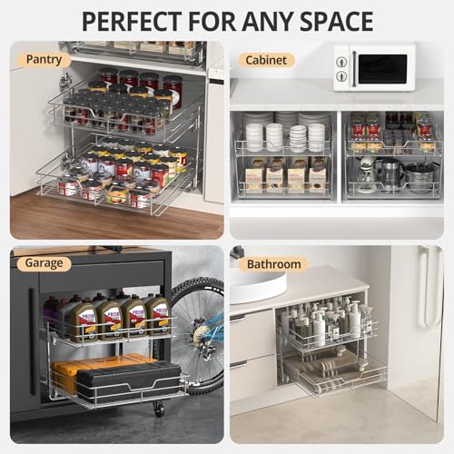ZOINLIY Pull Out Cabinet Organizer, Versatile Slide Out Kitchen Organizers and Storage,Heavy Duty Drawer Cupboard Storage Basket, Smooth Sliding, Chrome Finish (2-Tiers-24¼''W×22“D) - size: 2-Tiers 24¼''W×22“D