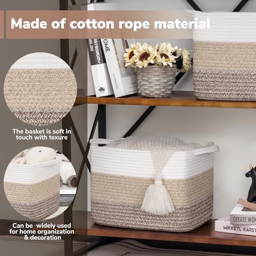 Goodpick Woven Storage Basket, 13"x10"x9" Cotton Rope Organizer for Dog Toys, Books, Stylish Gift Basket with Handles, Small Laundry Baskets for Shelves, Gradient Brown - color: Gradient Brown, size: 13"L x 10"W x 9"H