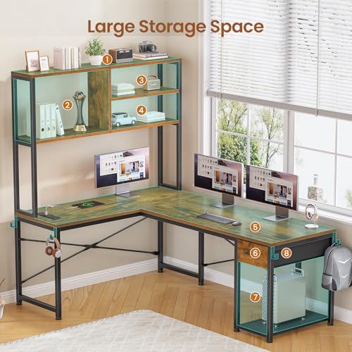 SEDETA L Shaped Gaming Desk, 51.2" Reversible Small Corner Desk with Drawer, Power Outlet & LED Lights, Computer Desk with Storage Shelves for Small Space, Rustic Brown - color: Rustic Brown