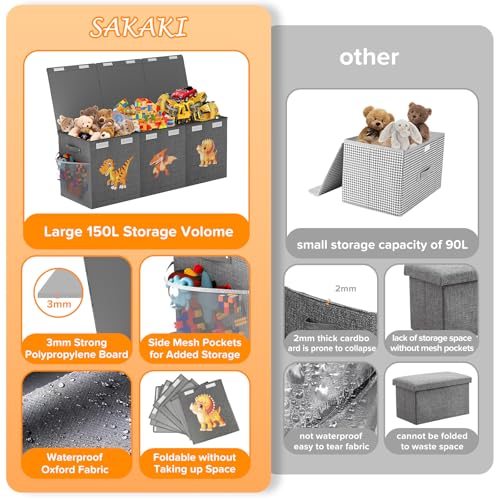 Extra Large Toy Box Chest, Collapsible Sturdy Toy Storage Organizer Boxes Bins Baskets Dinosaur Kids Toy Chest Bin with Lids for Boys Girls Living Room Playroom Bedroom Nursery 41"x14"x16" Gray - color: Grey－3