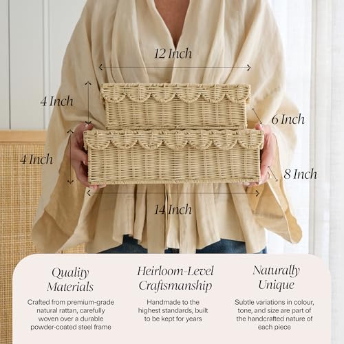 BEBE BASK Handwoven Stackable Decorative Storage Boxes with Lids, Set of 2 (14 × 8 × 4 in) – Scalloped Wicker Basket for Home Decor – Baby Keepsake Box & Memory Box for Keepsakes for Nursery