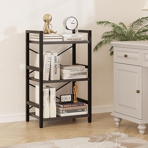 Homeiju Bookshelf, 3 Tier Industrial Bookcase, Metal Small Bookcase, Rustic Etagere Book Shelf Storage Organizer for Living Room, Bedroom, and Home Office(Grey) Patent Pending D29873033 - color: Grey, size: 3 Tier