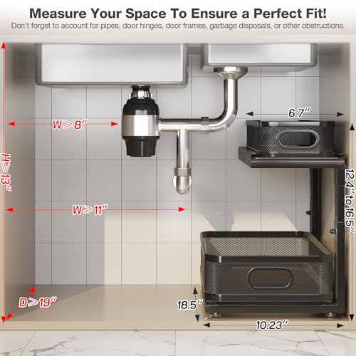 2 Pack 18.5IN-Depth Under Sink Organizer With Next-Gen Ball-Bearing Slides,2-Tier Precision Mesh Pull Out Cabinet Storage for Bathroom&Kitchen,Height Adjustable Drawers Shelf,Anti-rust-Black - color: Black, size: 2 Pack-18.5"Dx12.4"-16.5"H