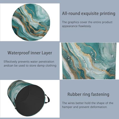 Blue Green Gold Marble Laundry Basket,Foldable with Handles Tote Bag Oxford Cloth for Bathroom Bedroom Dirty Clothes Storage Bucket 16" x 20.8" - color: Blue Green Gold Marble