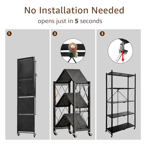 Heavy Duty 5-Tier Foldable Storage Shelf with Locking Wheels, No Assembly Metal Shelving Unit, Space-Saving Organizer for Garage, Kitchen, Basement, Pantry, 28" x 14" x 62", Black (1)