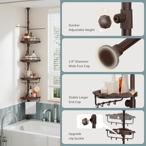 Corner Shower Caddy Tension Pole Brown Shower Caddy 18/8 Stainless Steel Rustproof 4 Tier Adjustable Shower Organizer Bathroom Shelves Storage Rack 32-122inch - color: Brown