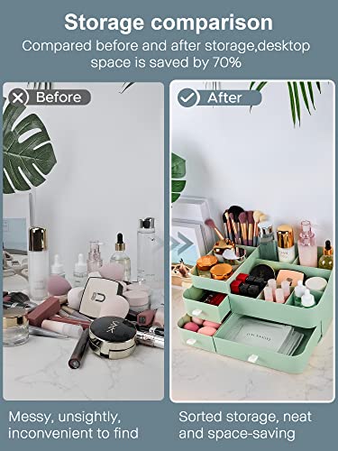 Makeup Organizer with Drawers,Large Capacity Countertop Organizer for Vanity,Bathroom and Bedroom Desk Cosmetics Organizer for Skin Care,Brushes, Eyeshadow, Lotions, Lipstick, Nail Polish - color: Green-Large