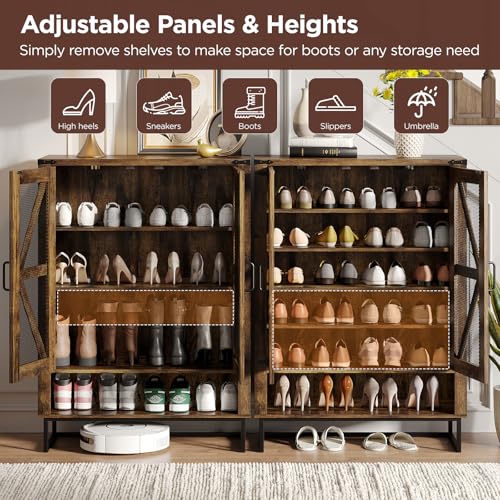 Maupvit 42.1" Farmhouse Shoe Cabinet with Ventilated Mesh Doors, 6-Tier Shoe Storage Cabinet with Adjustable Shelves & Metal Legs, Rustic Wooden Shoe Rack Organizer for Entryway, Hallway, Foyer, Brown - color: Brown