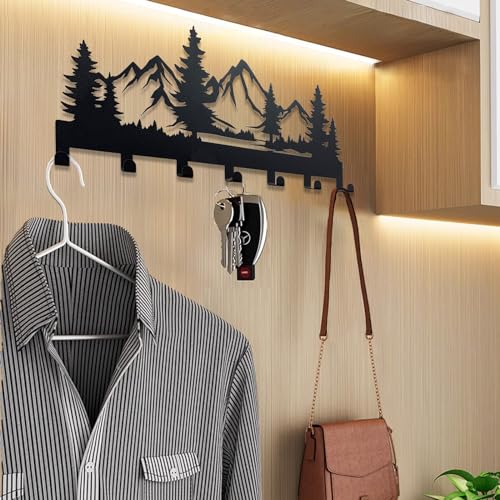 Metal Key Holder, Wall Mounted Key Hooks, Key Holder for Wall, Key Organizer Rack with 7 Hooks, Key Hanger Decor for Kitchen, Entryway, Hallway, Bedroom, Doorway (Mountain 12IN) - color: Mountain, size: 12 Inch