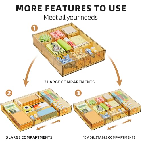 Marbrasse Expandable Desk Drawer Organizer, Clear Plastic Drawer Organizer Tray with 10 Adjustable Compartments, Desk Organizers and Accessories, 5 Drawer Dividers for Office Supplies(Clear Champagne) - color: Clear Champagne