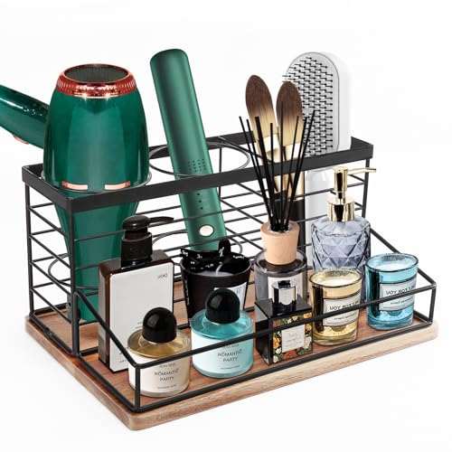Hair Tool Organizer, Movable Hair Dryer Holder, Hair Styling Tools Storage for Vanity, Bath Counter Organizer, Bathroom Trays for Hair Toiletry, Makeup (12" x 7.7" x 5.8", Wood-Black) - color: Wood-Black, size: 12" x 7.7" x 5.8"