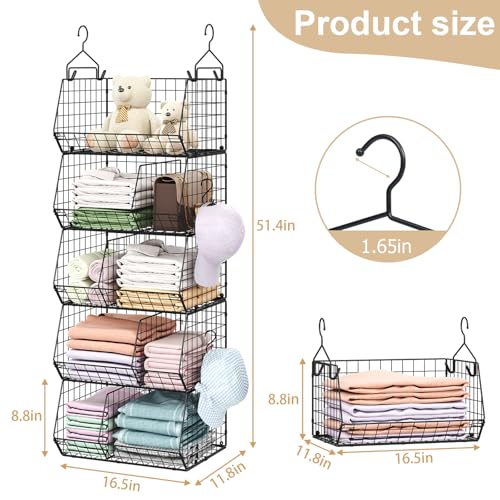 5 Tier Extra Large Closet Hanging Organizer with 5 Dividers,16.5"L x 11.8"W x 51.4"H Closet Organizers and Storage with 5 S Hooks,Clothes Organizer for Sweaters Clutches Handbags Hats Accessories - color: Black, size: 5-Tier