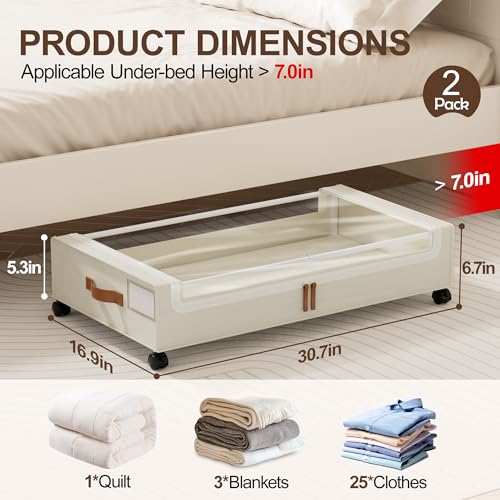LAMU Under Bed Storage with Wheels, 2 Pack Under Bed Storage Containers with Clear Lid, XXL 60L Underbed Storage Bins, Rolling Under Bed Metal Drawers for Clothes, Blankets, Shoes, Beige - color: Beige, size: 2 Pack